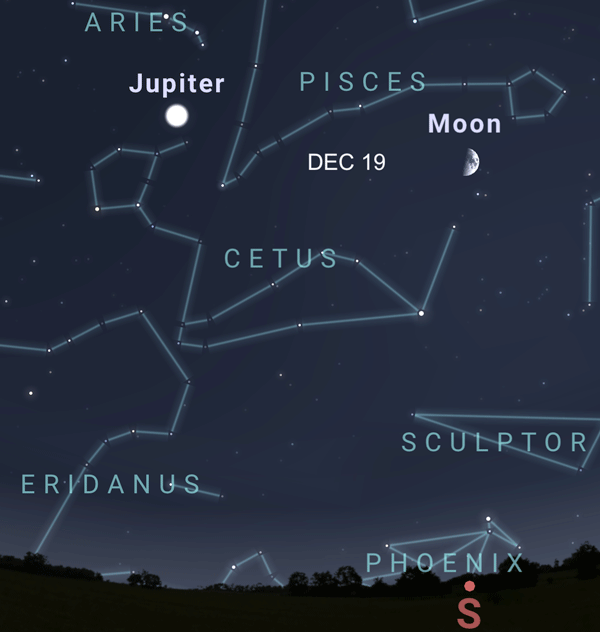 Star charts animated over four days showing the moon moving by Cetus the Whale and near Jupiter.