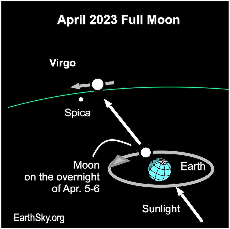 Earth at bottom right, moon orbiting Earth and opposite sunlight. Spica is at top left, orbiting in the same direction as the moon.