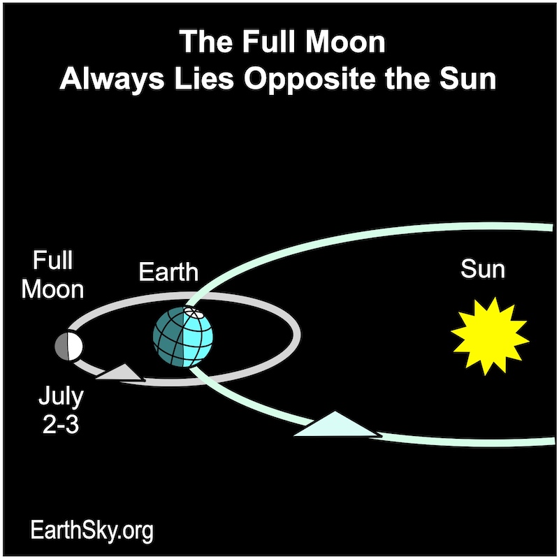 Diagram with moon, Earth, and sun lined up, and the Earth's and moon's orbits shown.