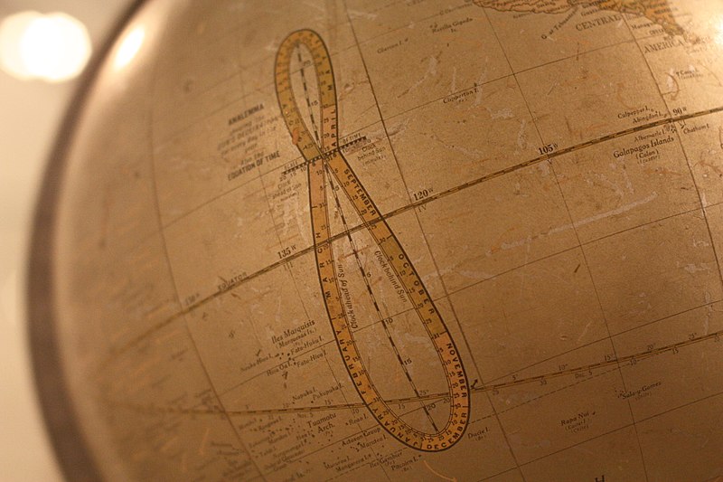 An old Earth globe with a figure 8 shaped line marked like a ruler crossing the equator.