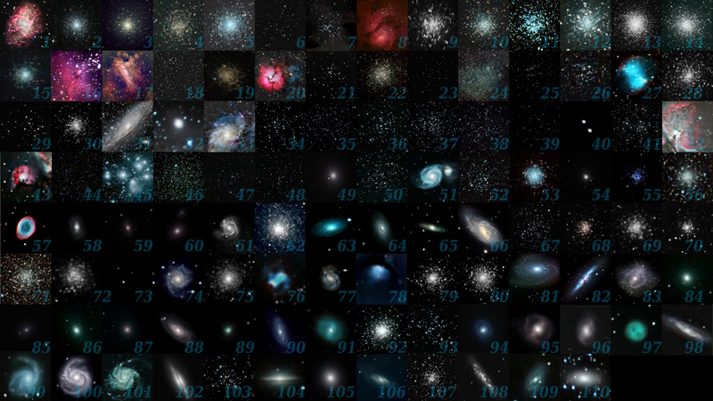 What are Messier objects: Chart with 110 small photos of fuzzy objects including galaxies, nebulae, and star clusters.