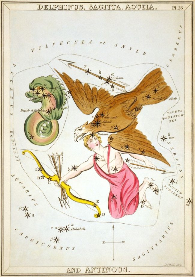 Antique colored etching of flying eagle and other figures including an ugly fish, all scattered with stars.