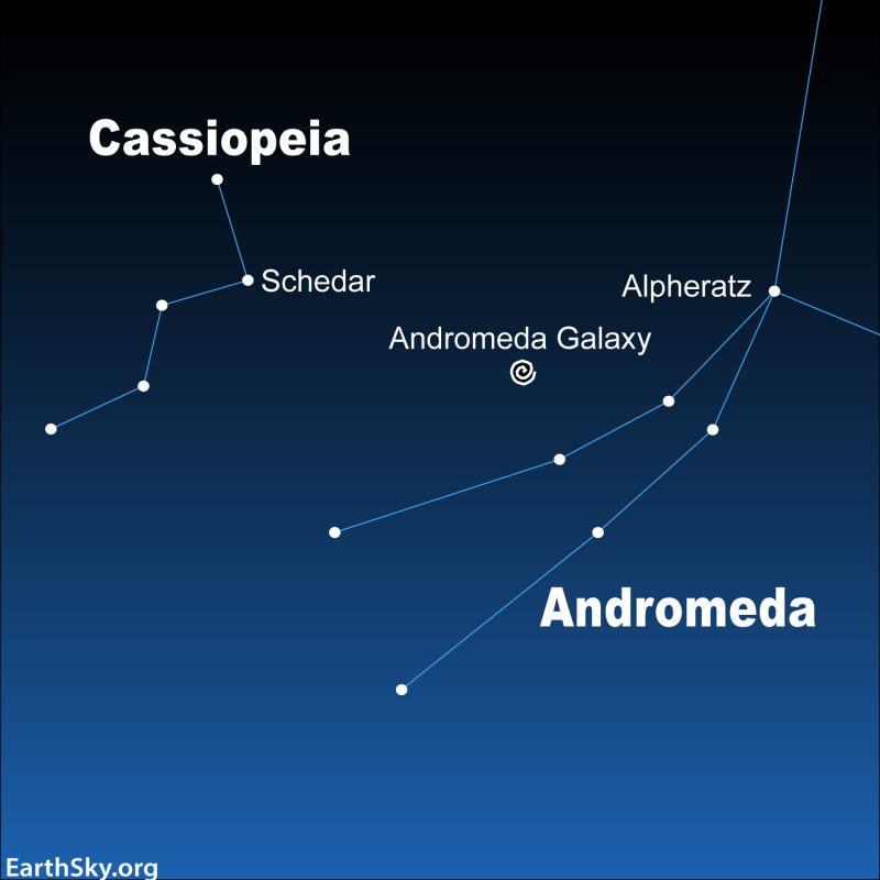 Star chart of constellations Cassiopeia and Andromeda with labeled Andromeda galaxy between them.