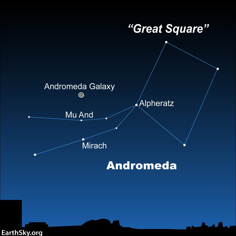 Star chart with Great Square and Andromeda outlined, with labeled stars, and Andromeda galaxy.