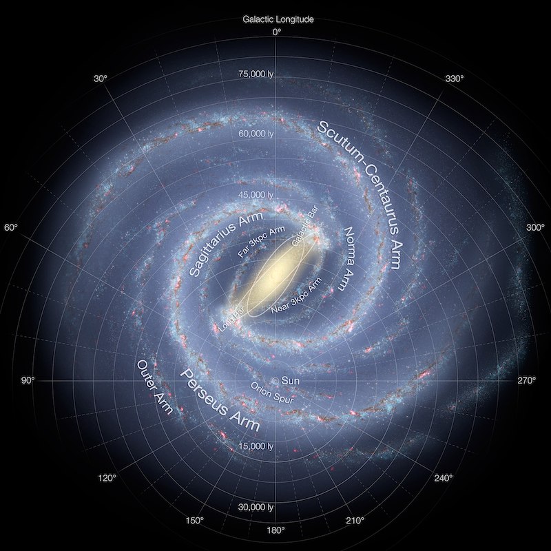 Milky Way face-on, showing the central bar, major spiral arms, and the Orion Arm.
