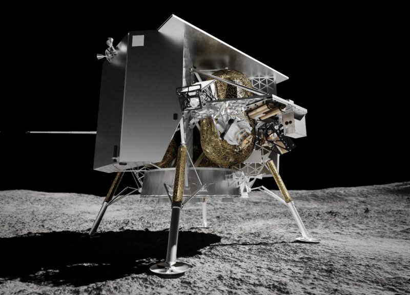 Silvery box-shaped lander with four splayed legs, holding complex instruments, on the lunar surface.