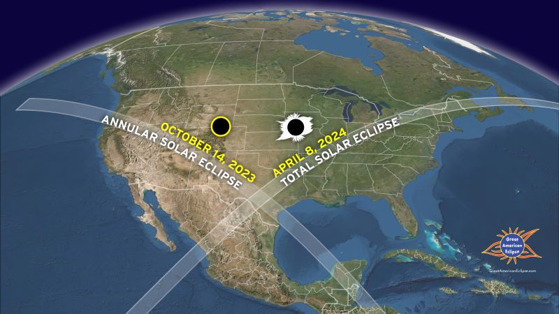 Map of U.S. showing the paths of the 2023 and 2024 eclipses crossing over southern Texas.