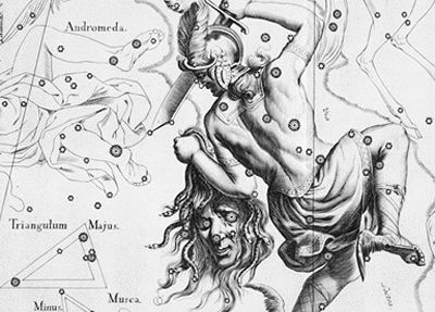 Antique star chart etching with Greek hero with sword in one hand and Medusa's head in the other.