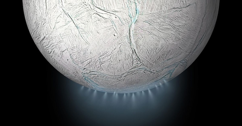 Plumes on Enceladus: Planet-like body with many cracks on its surface and jets of vapor coming out of it at the bottom.