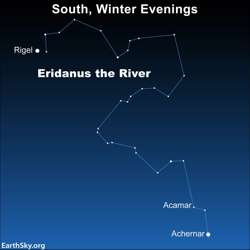 Sky chart showing long, very curvy constellation with three stars labeled including Achernar and Rigel.