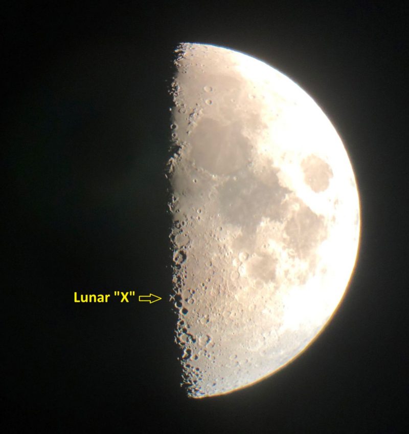 A moon just past 1st quarter, with Lunar X annotated.