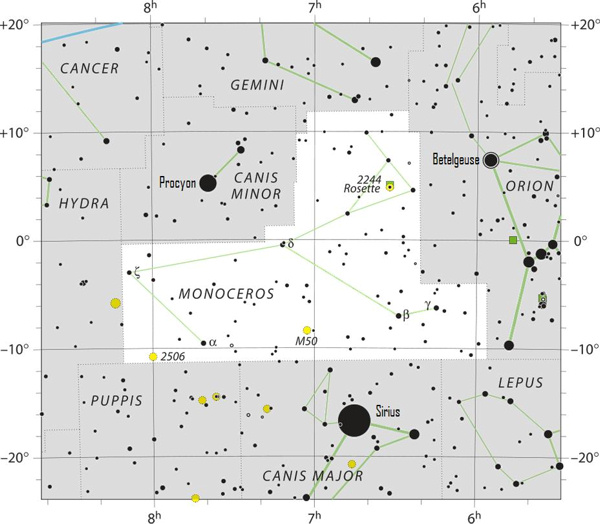 Constellation chart with stars in black on white with Monoceros labeled.