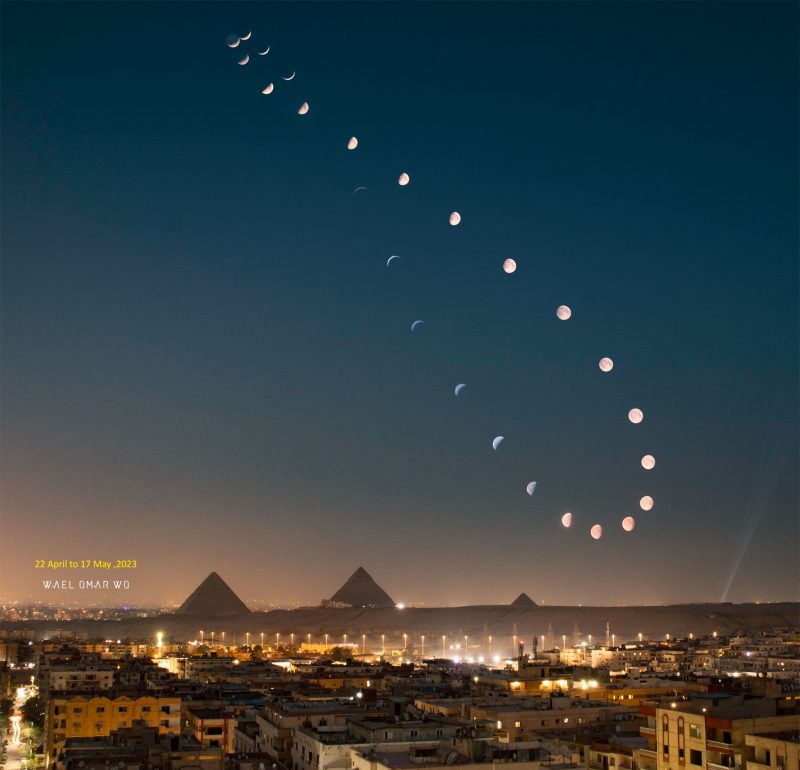 A figure 8 of moon phases in one sky over the pyramids.