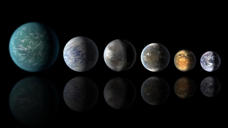 Line of streaky, mostly blue planets of diminishing sizes on black background. Smallest is Earth.