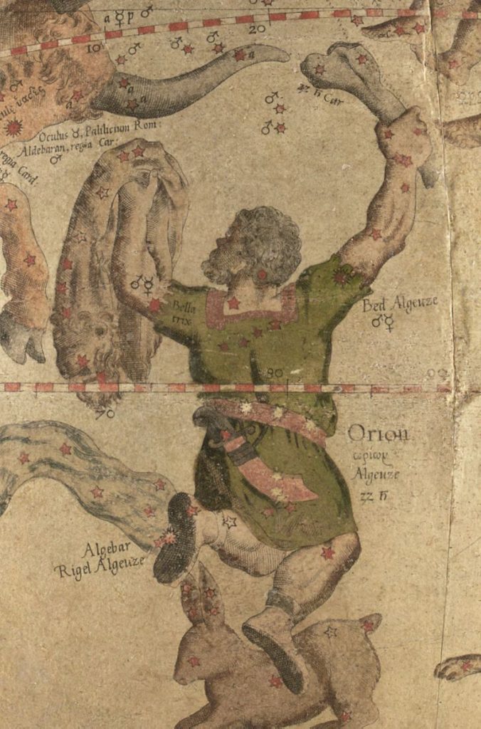 Antique colored drawing of a hunter holding a club with stars labeled.