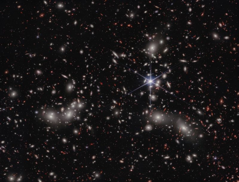 Deep-sky image with myriads of galaxies ranging from dot size to 2 larger foreground groups.