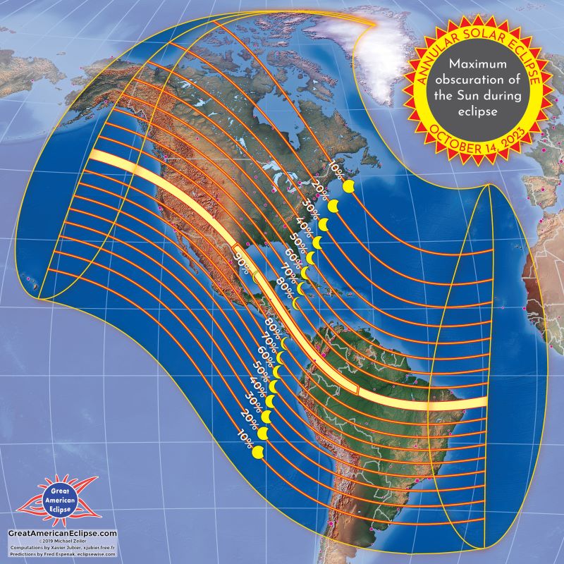 Map with many lines paralleling line of totality, each with a small sun showing appearance of eclipse along it.