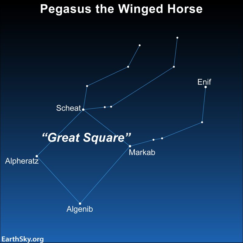 Sky chart with numerous labeled stars and lines between them making a large square with legs.