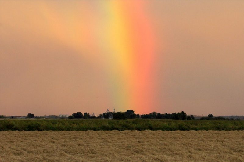 Wide, bright, irregular rainbow touching horizon, with melon-colored rain not reaching the ground to one side.