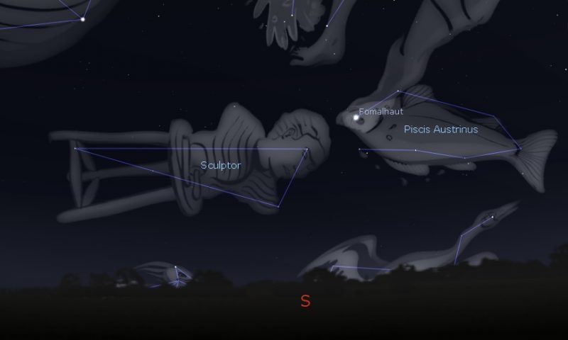 Constellations Sculptor, with a picture of a sculpted bust overlying it, near fish constellation with star Fomalhaut.