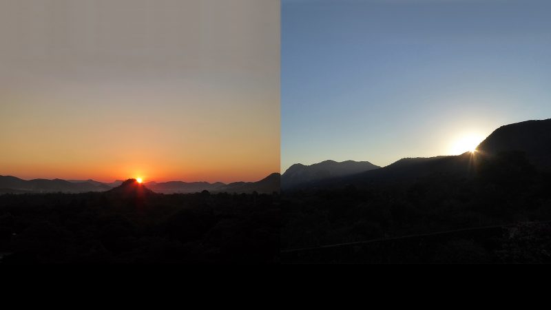 2 images of sunset, with sun at different positions relative to a rocky horizon.