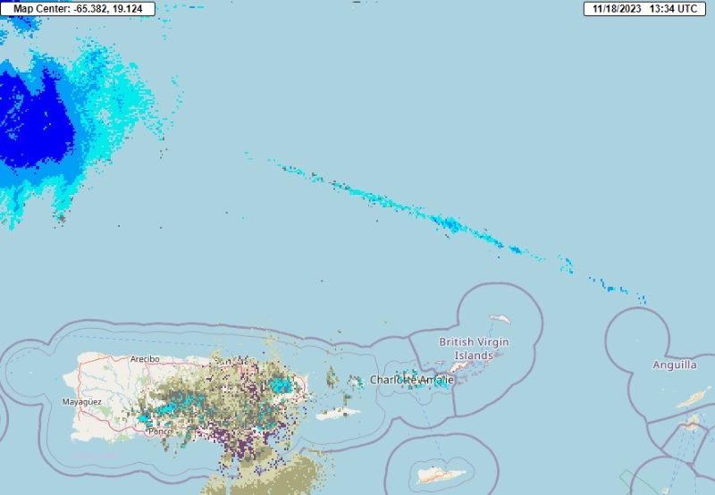 Map of area north of Puerto Rico with long line of scattered blue dots toward the east-southeast.