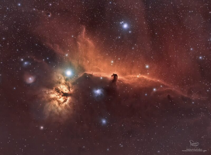 Orange cloud of gas with a dark, horsehead-shaped indentation. Many stars, several very bright.