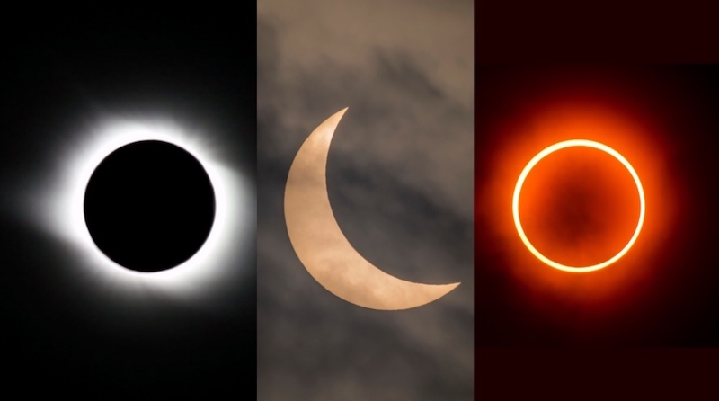 Black circle with fuzzy white rim; bright crescent; thin brilliant ring in fuzzy orange circle.