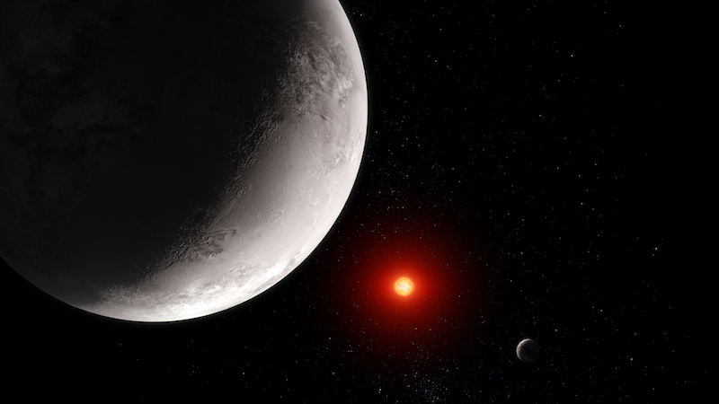 Closeup of gray rocky planet with another distant planet and small, faraway reddish star.