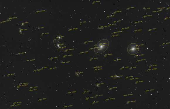Star field with circles around extremely many labeled galaxies.