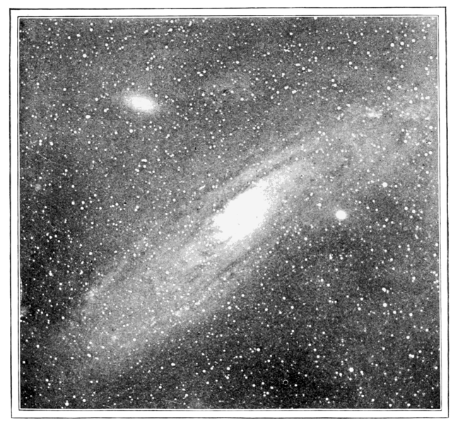 Black and white detailed view of galaxy with its spiral pattern and satellite galaxies visible.