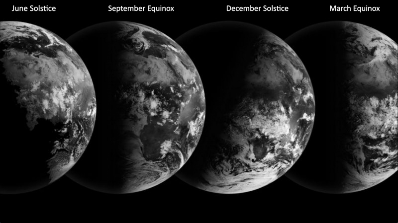 Four images of half-Earth from space, 2 upright and 2 tilted.