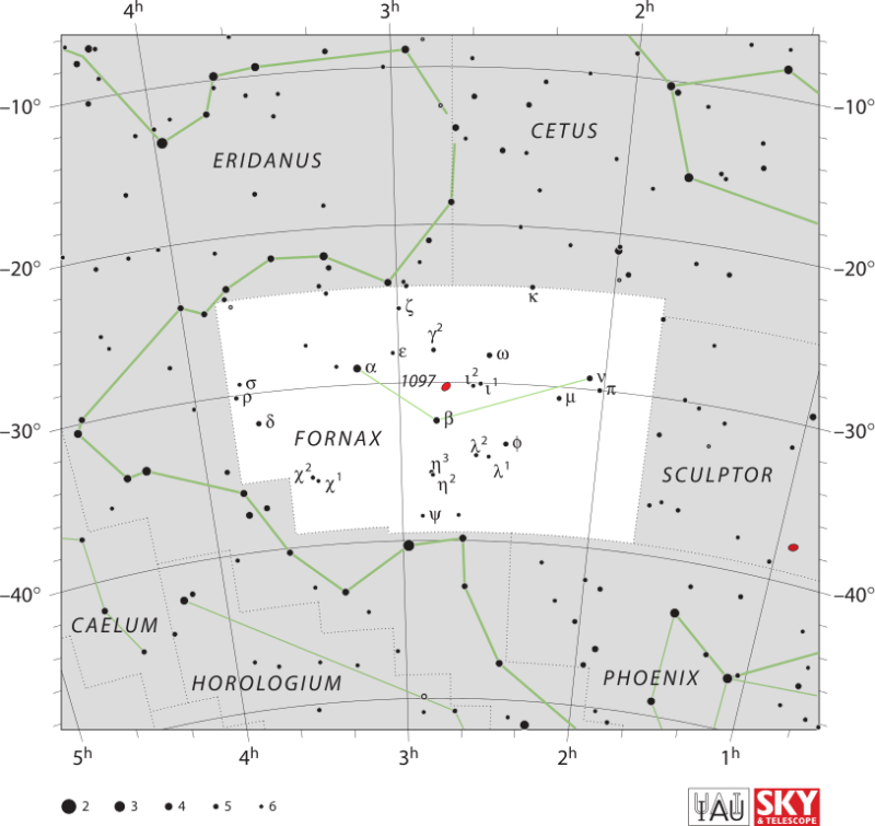 Fornax the Furnace star chart with stars in black on white and brightest stars labeled.