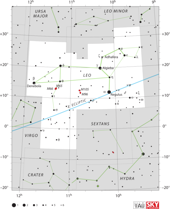 A star map with stars in black on white showing the locations of the stars in Leo."