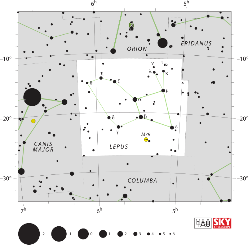 Star chart of constellation Lepus with stars in black on white.